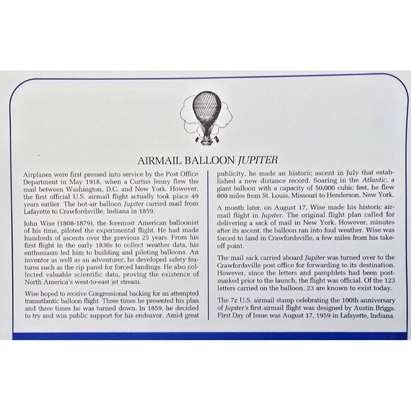 100th Anniversary Of The First Official Airmail 1959 AIRMAIL Balloon Jupiter FDC - Picture 2 of 3